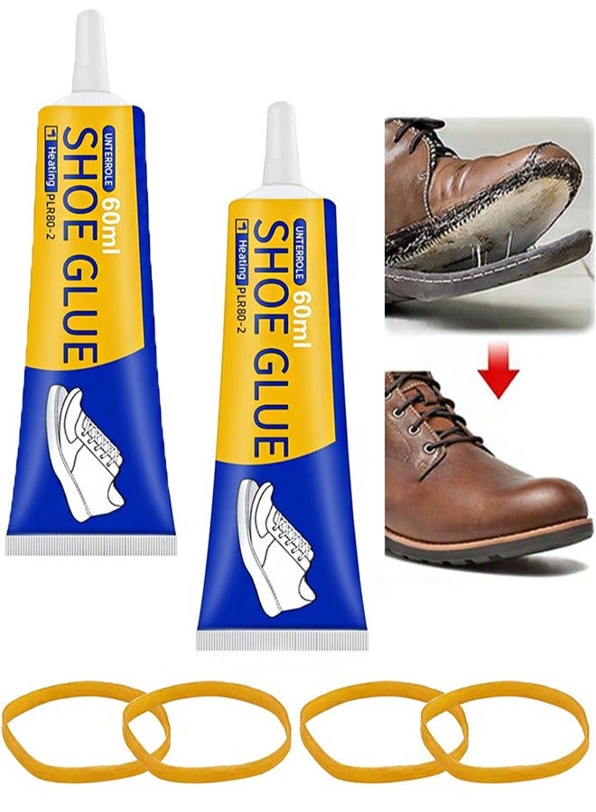 2 قطعة 60 مل من غراء إصلاح الأحذية القوي بطيء الجفاف مع 4 أربطة مطاطية للتثبيت لاصق شفاف مقاوم للماء لا يتصلب مناسب لنعل الحذاء والجزء العلوي مثالي للأحذية والأحذية الطويلة والمنتجات الجلدية - Image 1